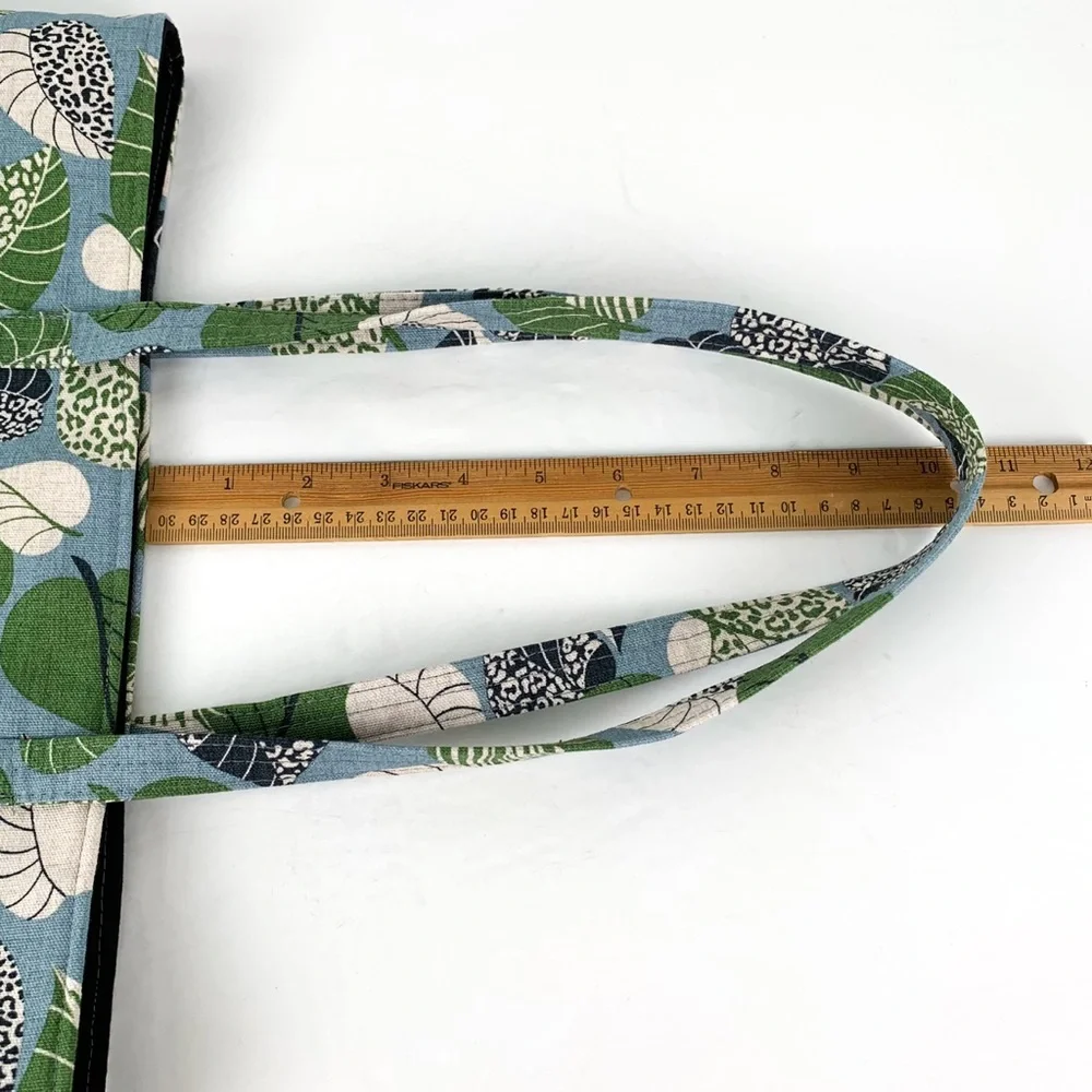 Canvas leaf tote bag large handmade tote blue with green, white & black leaves